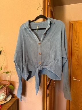 Free People Blue Button-Front Tie Waist Gauze Shirt